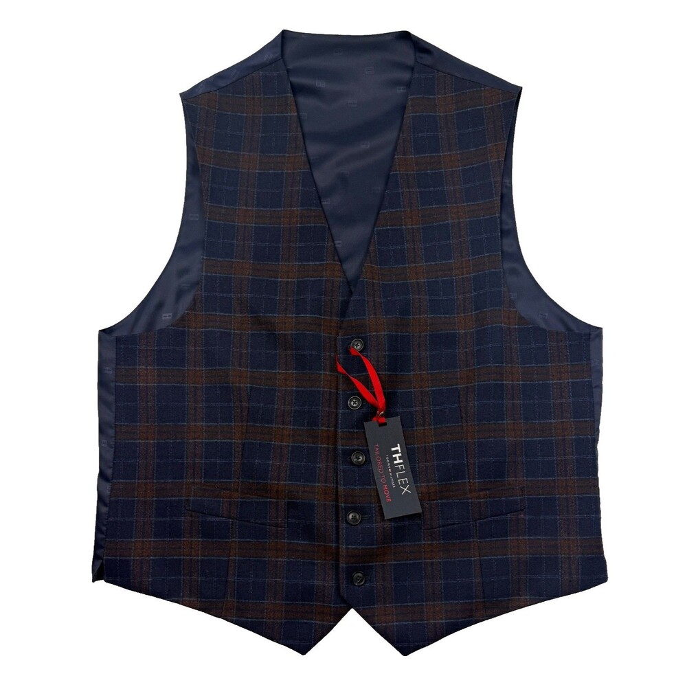 $125 NEW TOMMY HILFIGER Mens Large Navy/Brown Plaid TH FLEX/Stretch Suit Vest